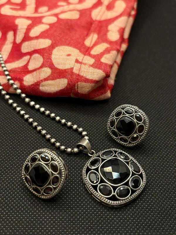 Oxidized Silver Necklace and Earring Set with Stones