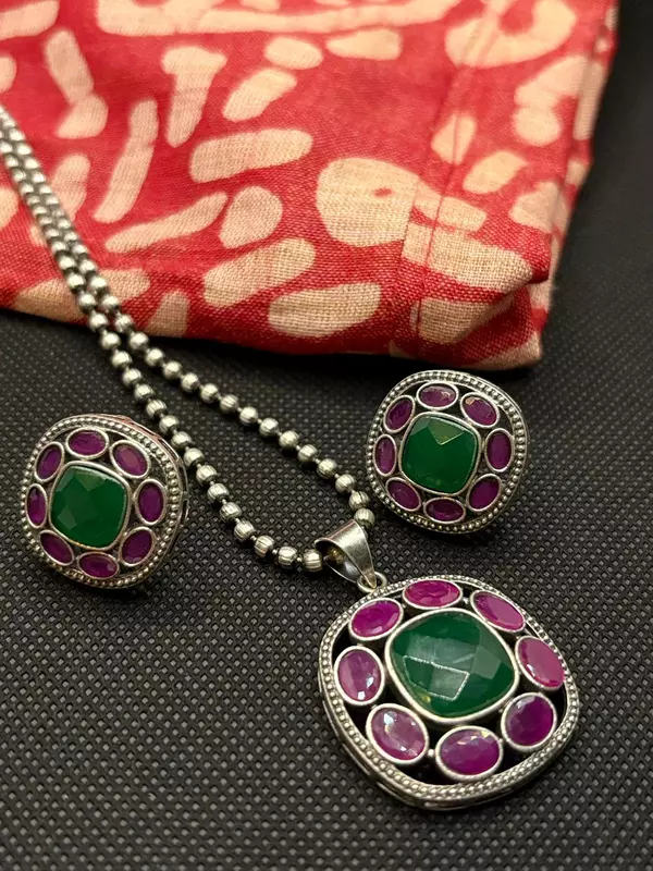 Oxidized Silver Necklace and Earring Set with Stones
