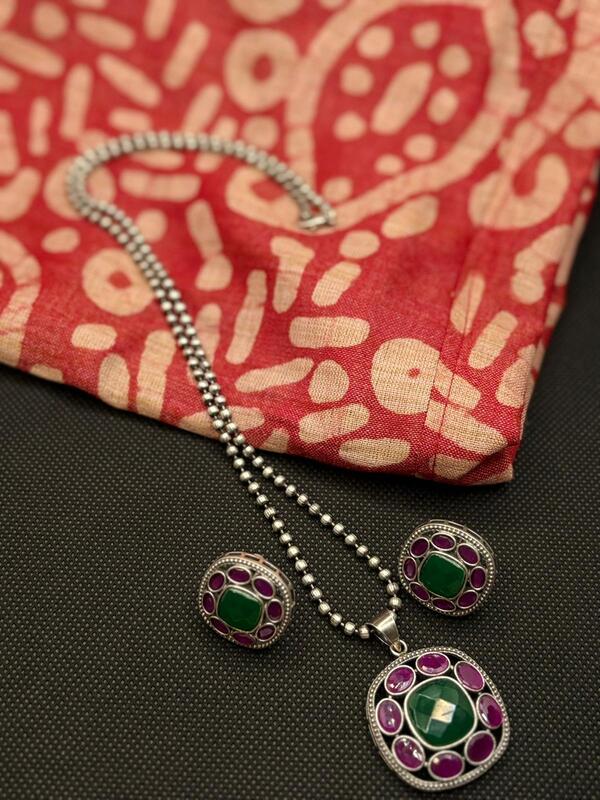 Oxidized Silver Necklace and Earring Set with Stones