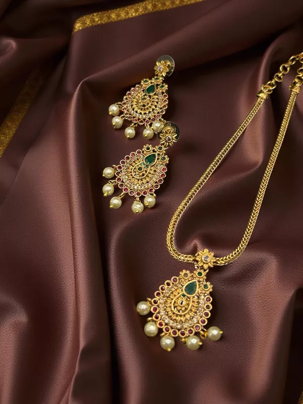 Gold chain with AD stone Pendent and matching Earrings
