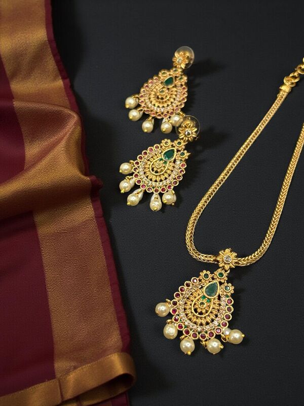 Gold chain with AD stone Pendent and matching Earrings