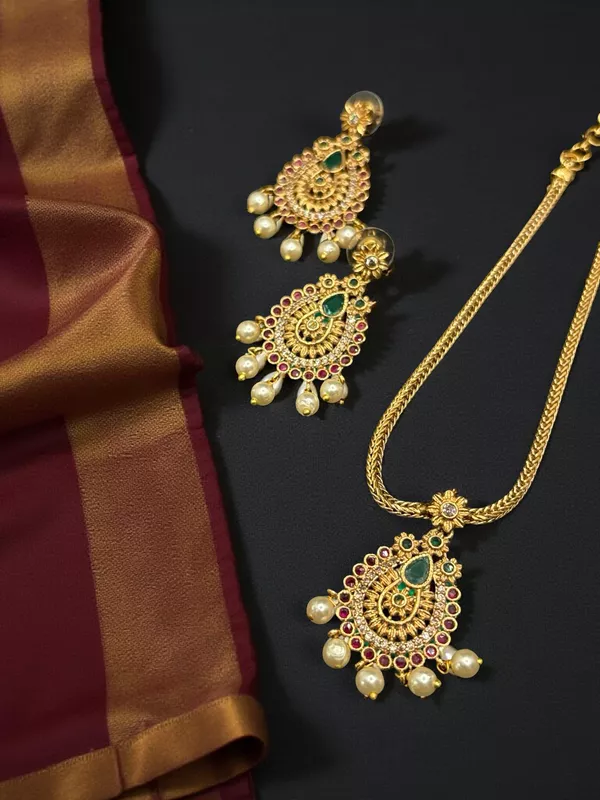 Gold chain with AD stone Pendent and matching Earrings