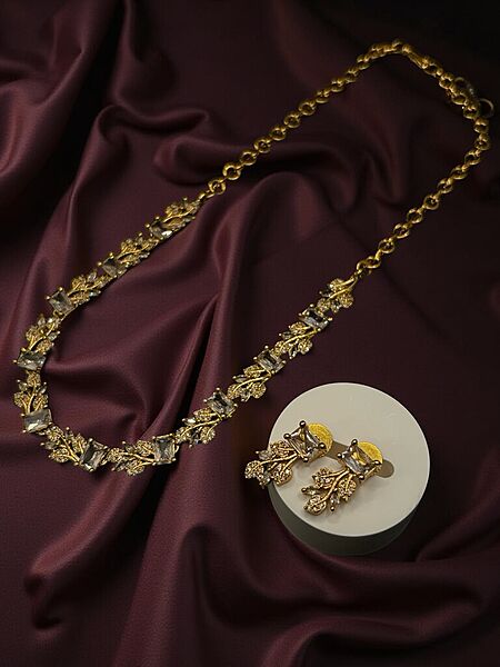 Intricate Leaf design AD stone neckset with Earrings