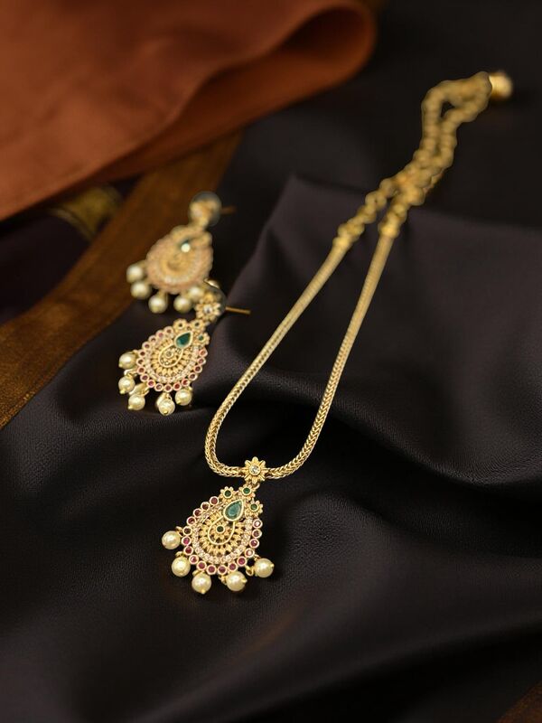 Gold chain with AD stone Pendent and matching Earrings