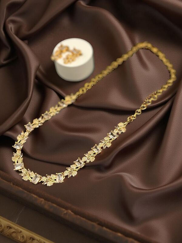 Intricate Leaf design AD stone neckset with Earrings