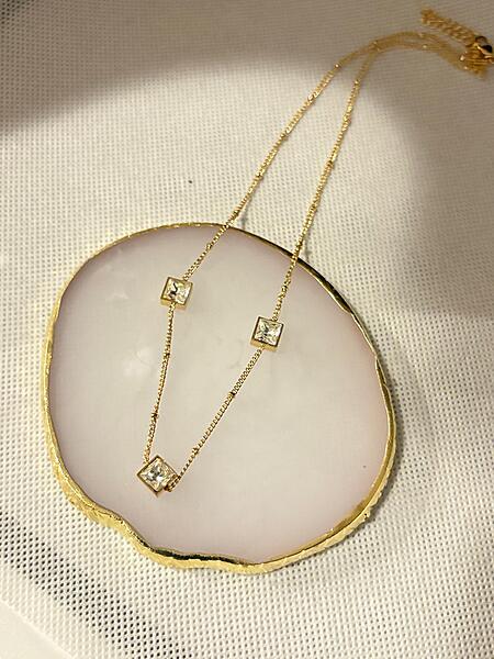Gold Bezel-Set Square Crystal Station Necklace