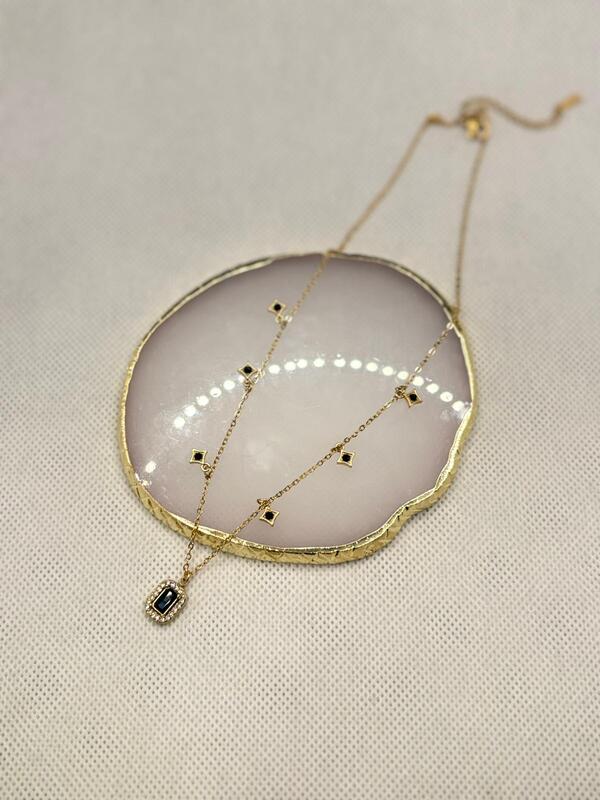 Layered Gold Station Necklace with Black Pendant