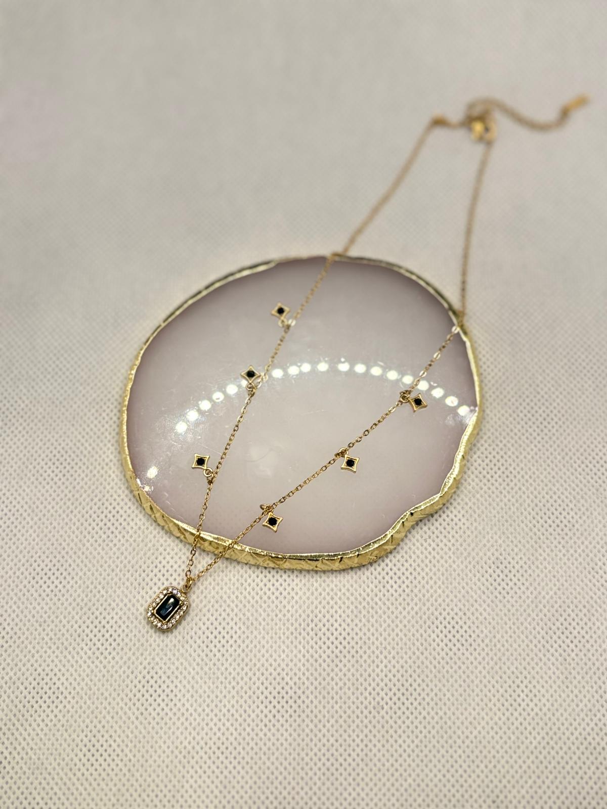 Layered Gold Station Necklace with Black Pendant