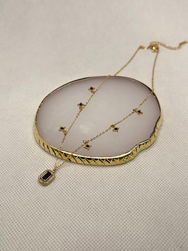 Layered Gold Station Necklace with Black Pendant