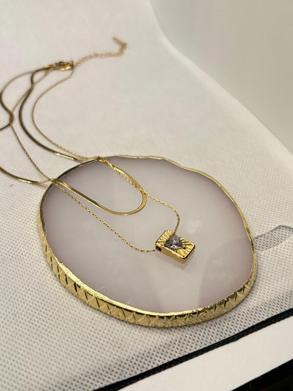 Gold Snake Chain Necklace with Radiant Square Pendant