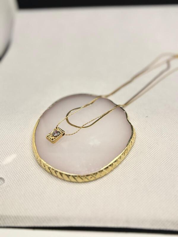 Gold Snake Chain Necklace with Radiant Square Pendant