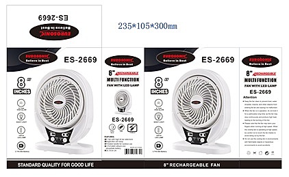 EUROSONIC 8" RECHARGEABLE FAN (ES2669) - 8INCHES WITH LED LIGHT