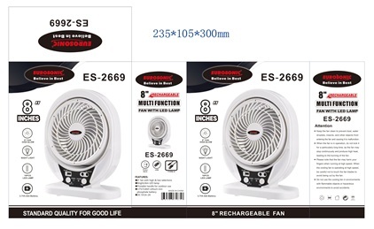 EUROSONIC 8" RECHARGEABLE FAN (ES2669) - 8INCHES WITH LED LIGHT