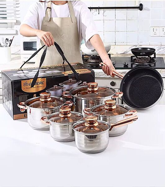 11PCS STAINLESS STEEL COOKING POTS - SET OF 4 POTS/1 SAUCEPAN/1 FRYPAN - SIZE - 16/16/18/20/24/24CM