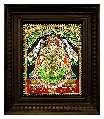 Gaja Lakshmi in green saree Tanjore Painting - Various Sizes Gaja Lakshmi in green saree Tanjore Painting - Various Sizes