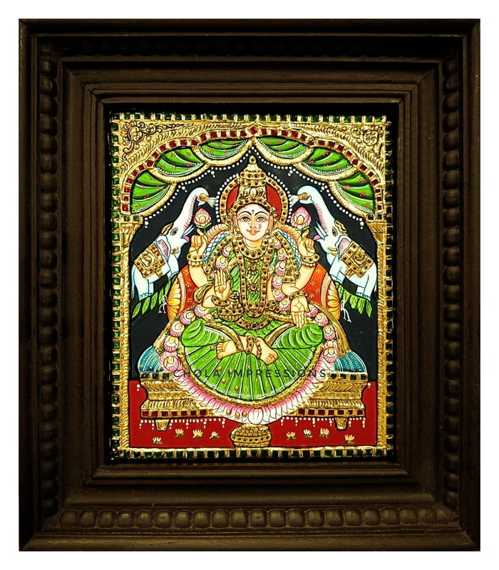 Gaja Lakshmi in green saree Tanjore Painting - Various Sizes Gaja Lakshmi in green saree Tanjore Painting - Various Sizes