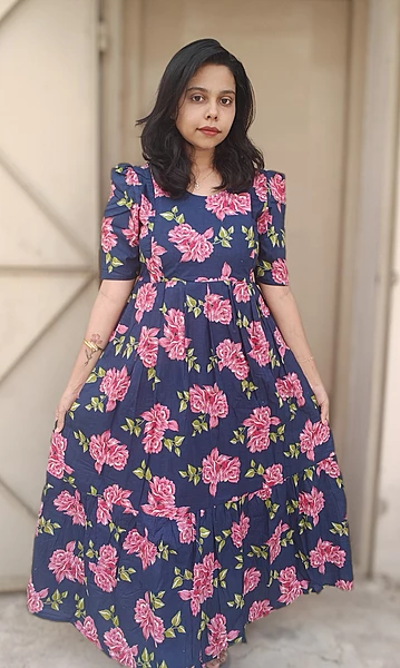 Cotton: Navy Blue Pink floral Feeding Dress