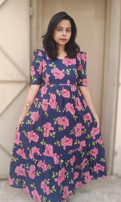 Cotton: Navy Blue Pink floral Feeding Dress