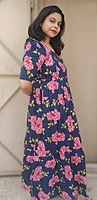 Cotton: Navy Blue Pink floral Feeding Dress