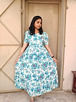 Cotton: Aqua Bloom White Dress (Feeding)