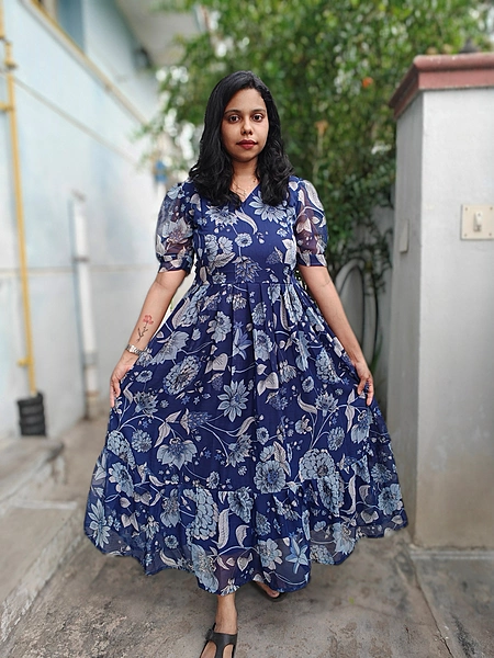 Chiffon: Navy blue 'Qenaa' Feeding Dress