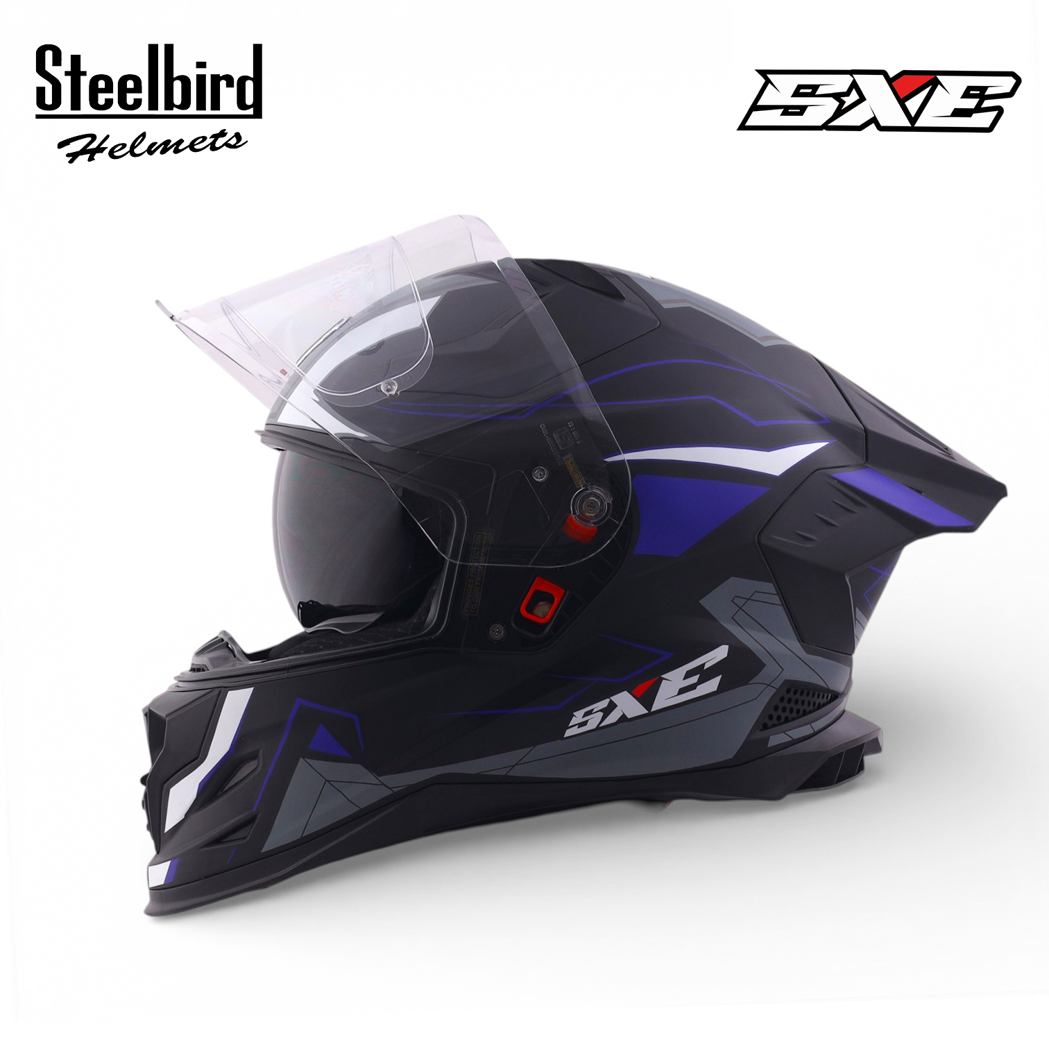 STEELBIRD SBH-61 ISS SXE RACE-X GLOSSY BLACK/BLUE C/V 580MM WITH ANTIFOG(EXLUSIVE)