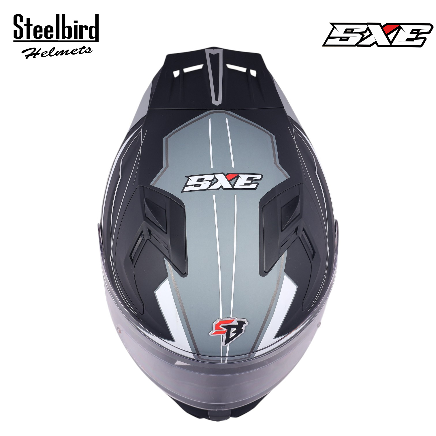 STEELBIRD SBH-61 ISS SXE RACE-X GLOSSY BLACK/SILVER C/V 620MM WITH ANTIFOG(EXLUSIVE)