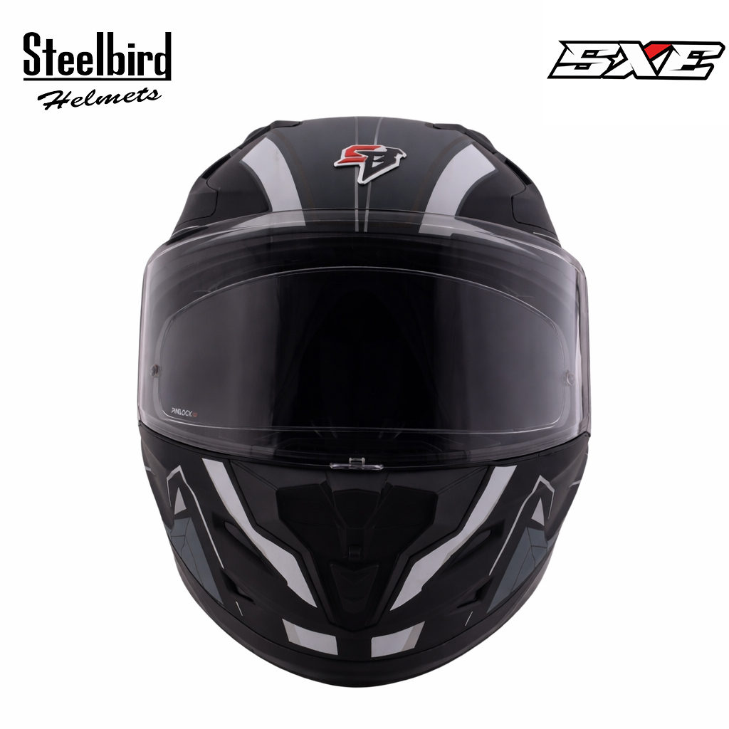 STEELBIRD SBH-61 ISS SXE RACE-X GLOSSY BLACK/SILVER C/V 600MM WITH ANTIFOG(EXLUSIVE)