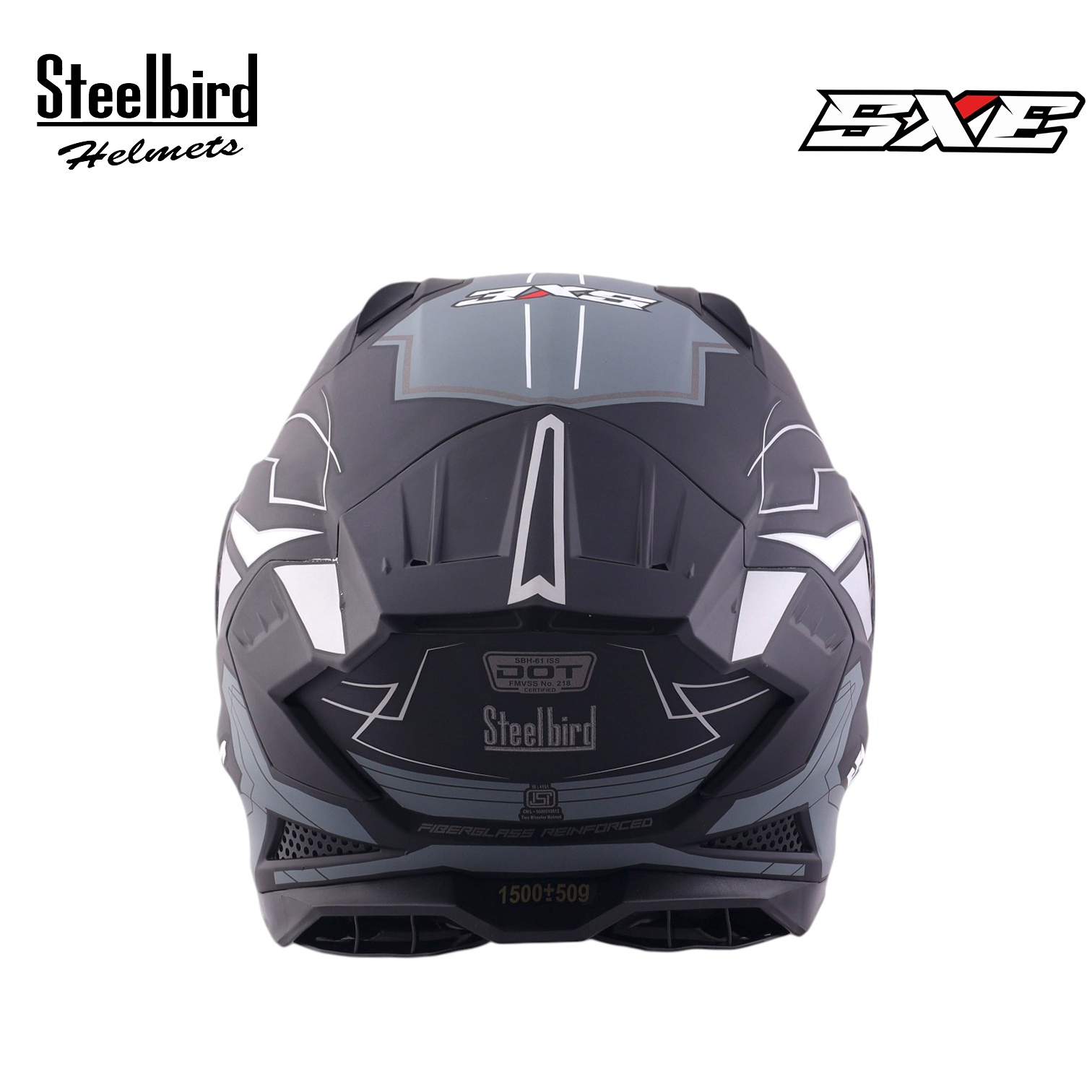STEELBIRD SBH-61 ISS SXE RACE-X GLOSSY BLACK/SILVER C/V 620MM WITH ANTIFOG(EXLUSIVE)