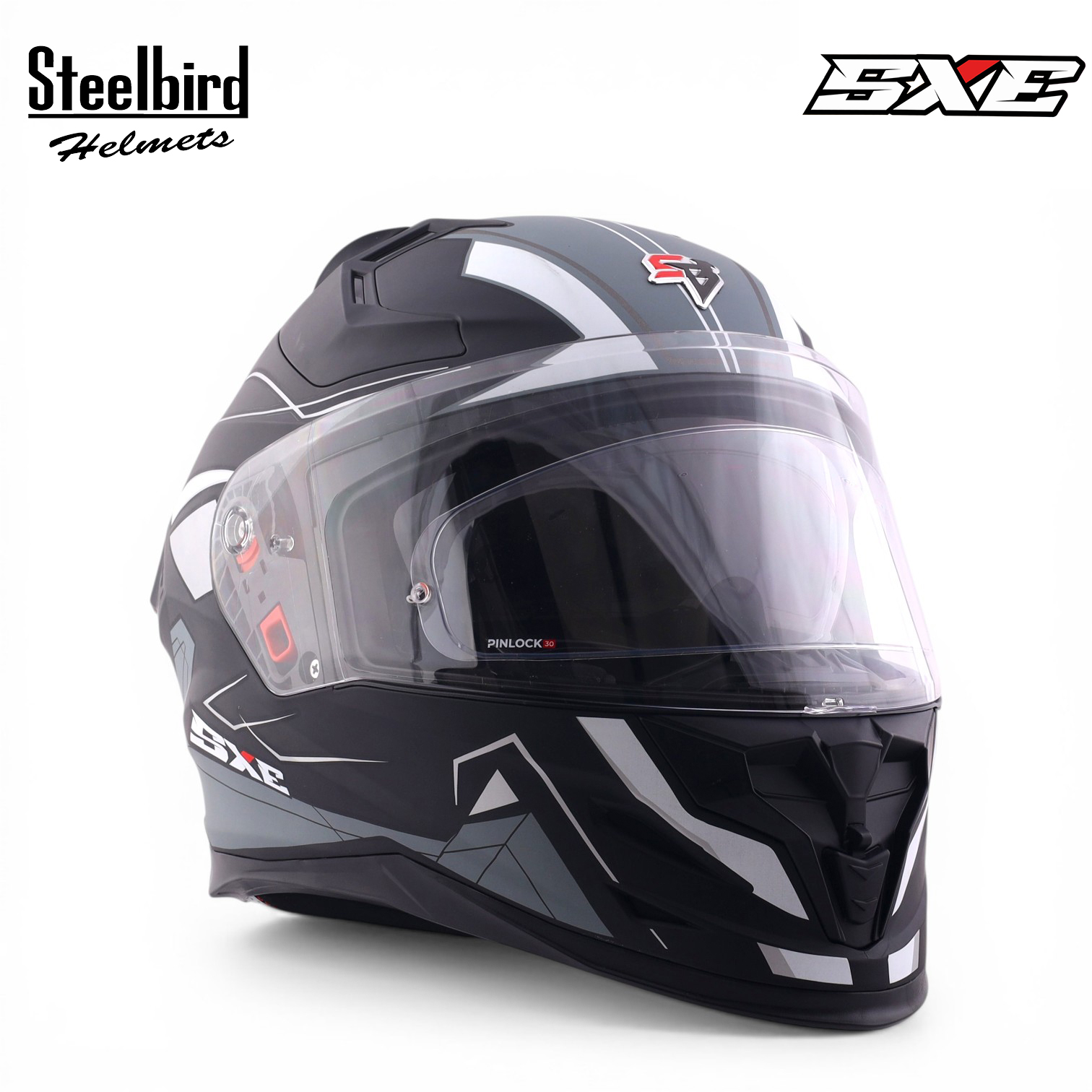 STEELBIRD SBH-61 ISS SXE RACE-X GLOSSY BLACK/SILVER C/V 620MM WITH ANTIFOG(EXLUSIVE)