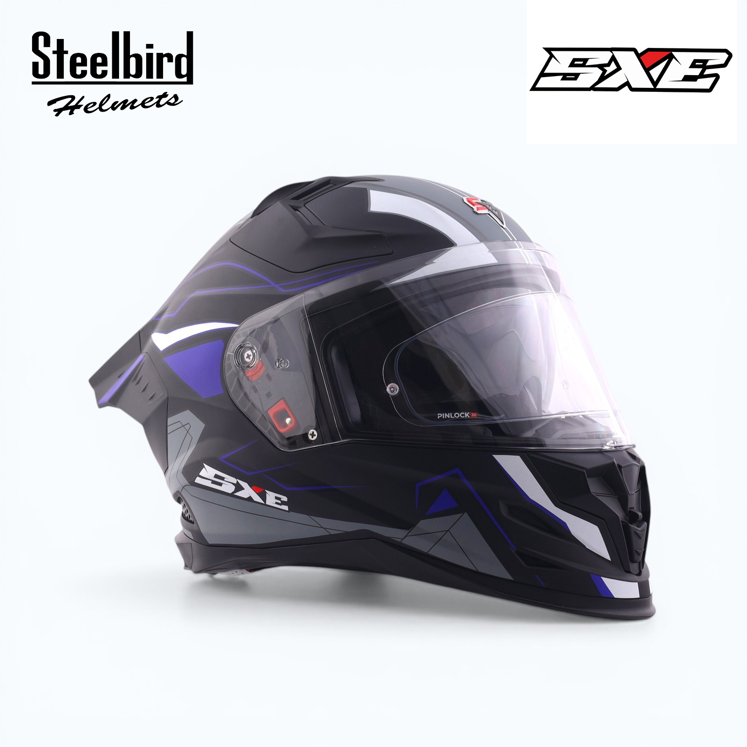 STEELBIRD SBH-61 ISS SXE RACE-X GLOSSY BLACK/BLUE C/V 580MM WITH ANTIFOG(EXLUSIVE)