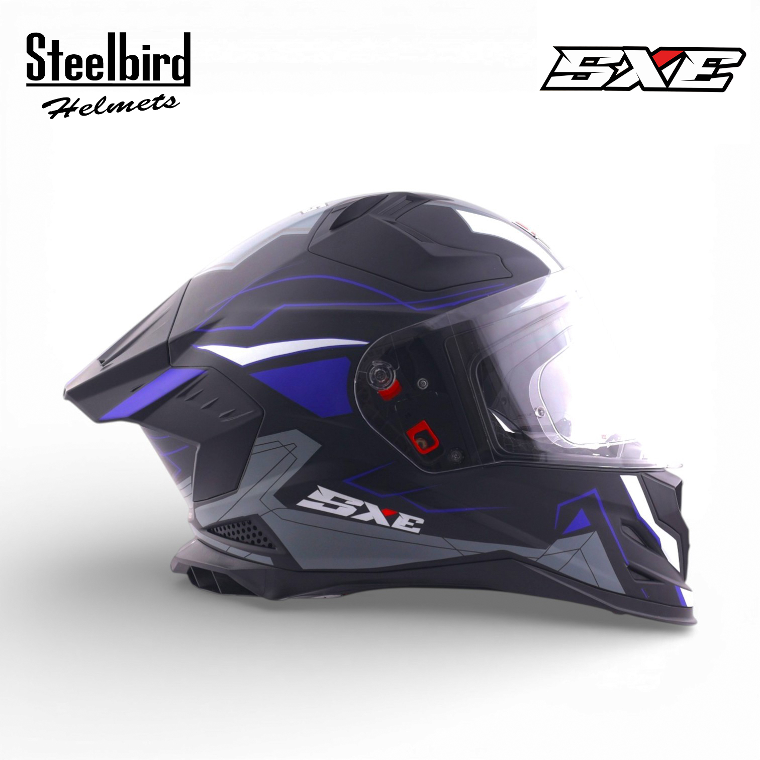 STEELBIRD SBH-61 ISS SXE RACE-X GLOSSY BLACK/BLUE C/V 580MM WITH ANTIFOG(EXLUSIVE)