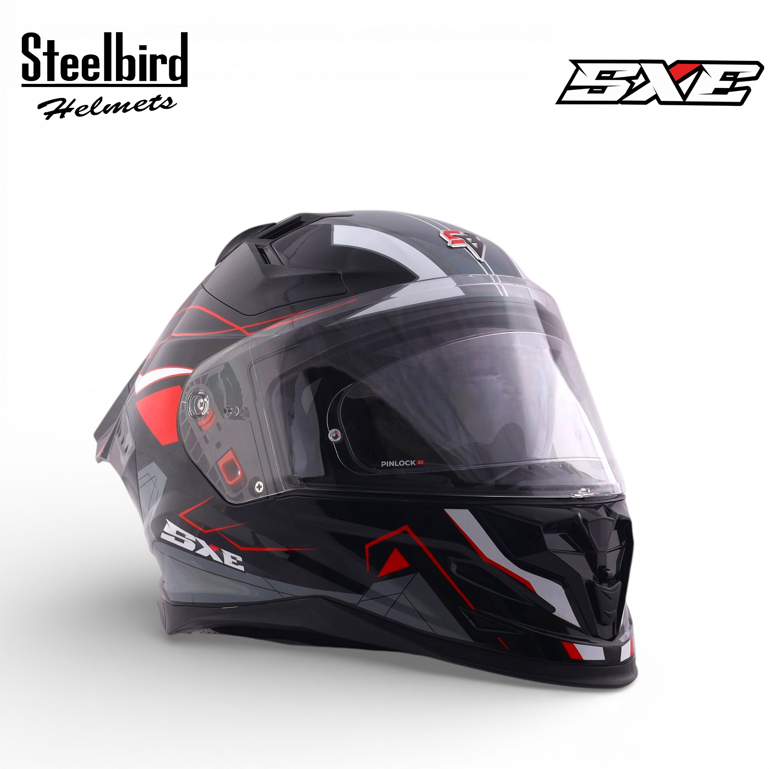 STEELBIRD SBH-61 ISS SXE RACE-X GLOSSY BLACK/SILVER C/V 580MM WITH ANTIFOG(EXLUSIVE)
