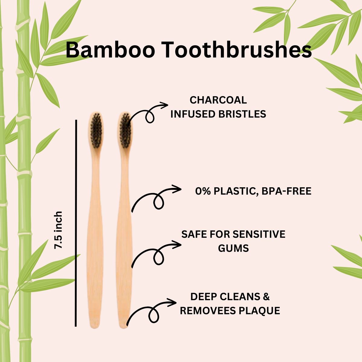 Compostable Bamboo Toothbrush with Ultra-Soft Charcoal activated Bristles, 100% Natural & Eco-Friendly (Pack of 3)
