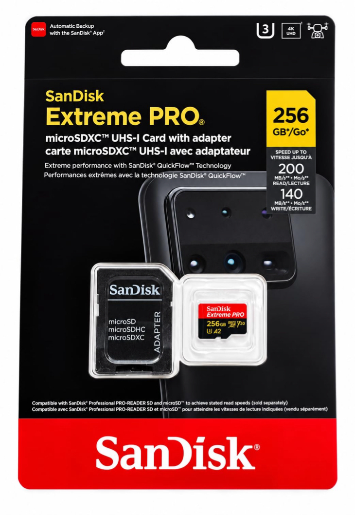 SanDisk Extreme Pro 256GB microSDXC UHS-I V30 200MB/s Read 140MB/s Write Memory Card