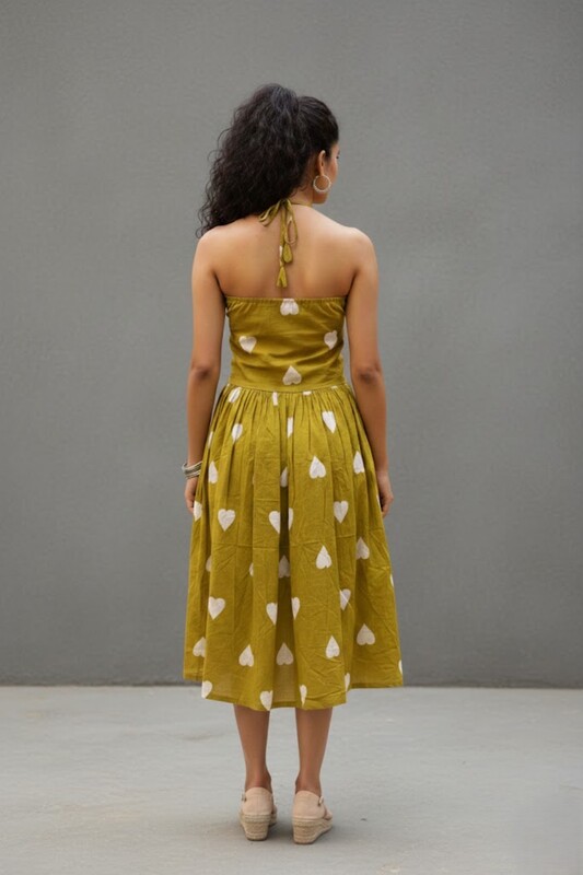 Olive Green Heart Print Cotton Dress