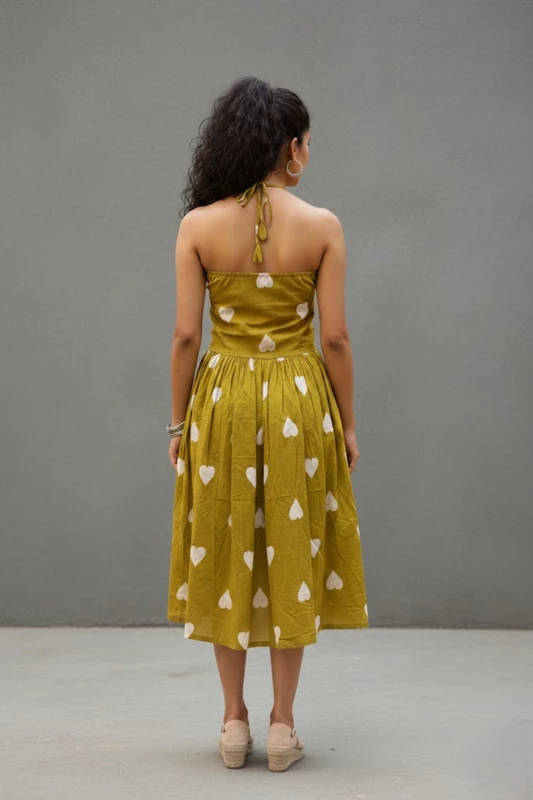 Olive Green Heart Print Cotton Dress