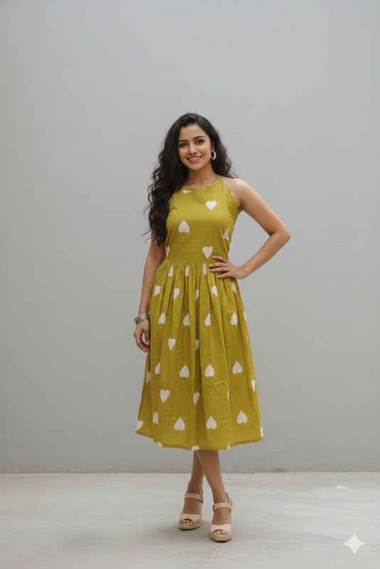 Olive Green Heart Print Cotton Dress