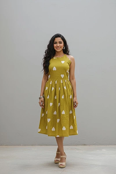 Olive Green Heart Print Cotton Dress