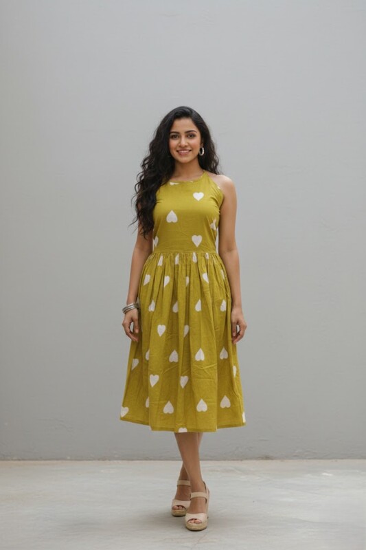 Olive Green Heart Print Cotton Dress