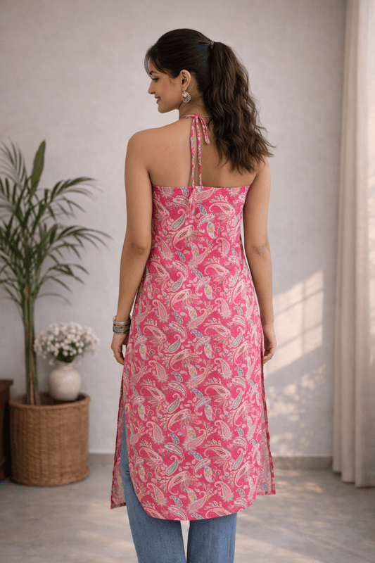 Pink Paisley Print chikanakri cotton kurti