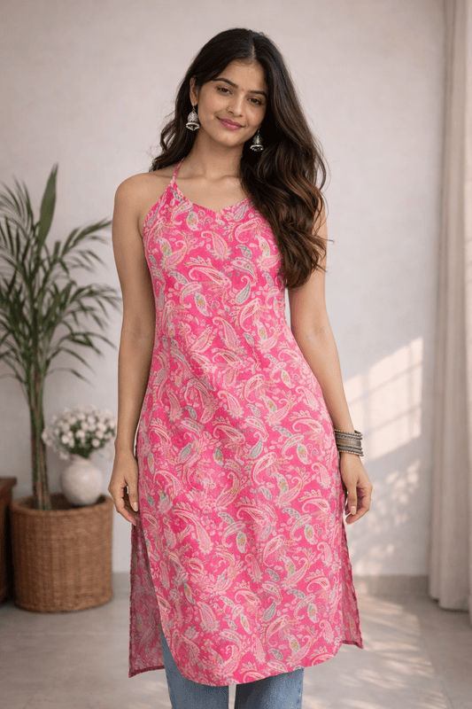 Pink Paisley Print chikanakri cotton kurti