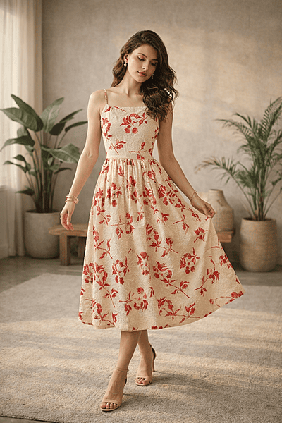 Floral Eyelet Cotton Midi Dress -cream & red