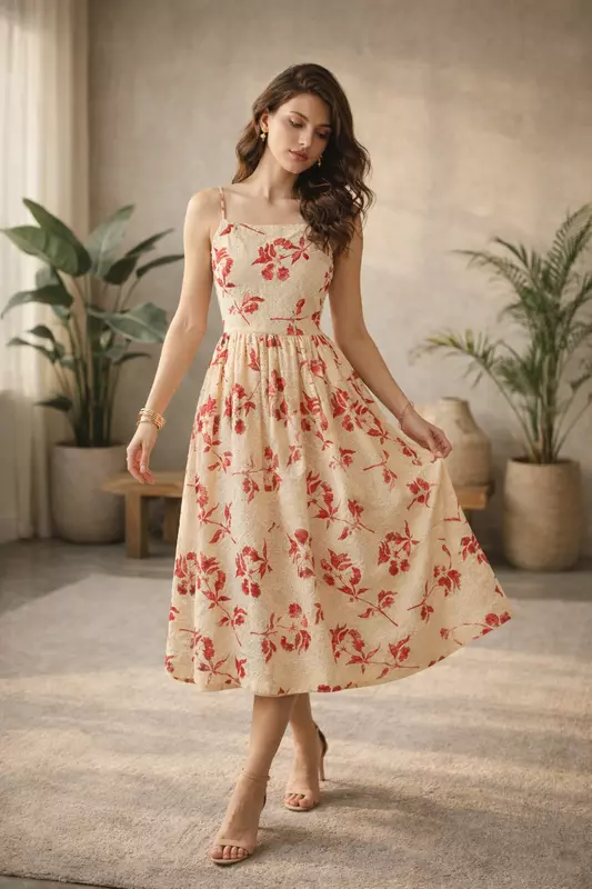 Floral Eyelet Cotton Midi Dress -cream & red