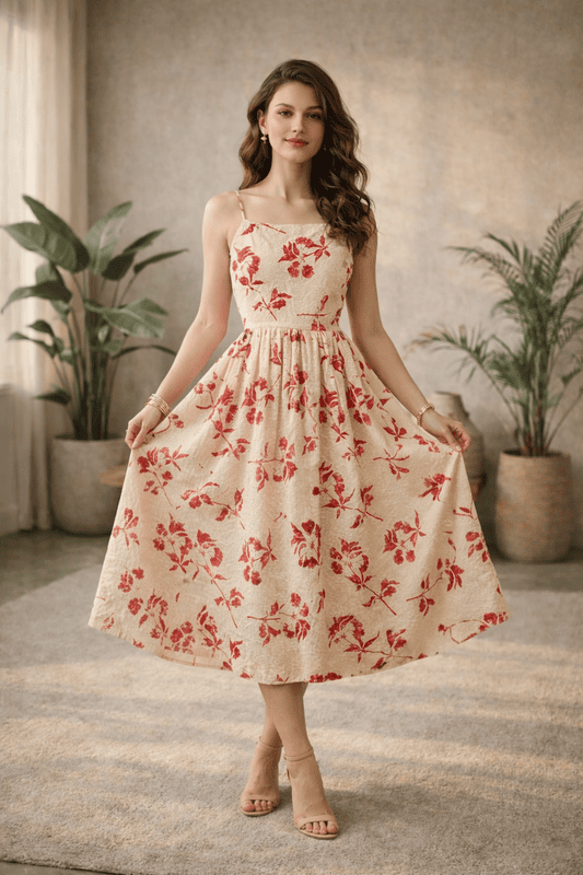 Floral Eyelet Cotton Midi Dress -cream & red