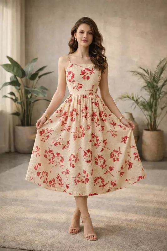 Floral Eyelet Cotton Midi Dress -cream & red