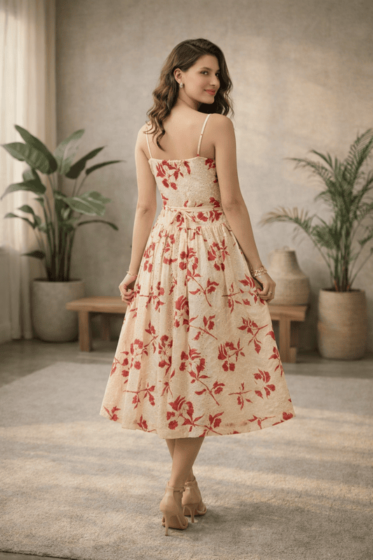 Floral Eyelet Cotton Midi Dress -cream & red