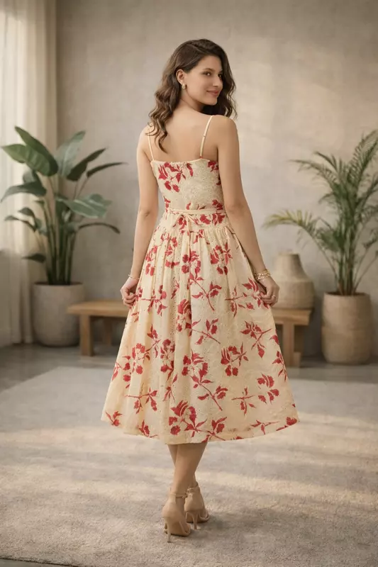 Floral Eyelet Cotton Midi Dress -cream & red