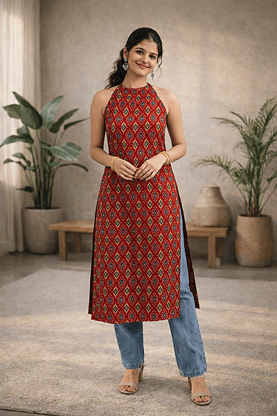 Maroon Ikat Halter Neck kurti