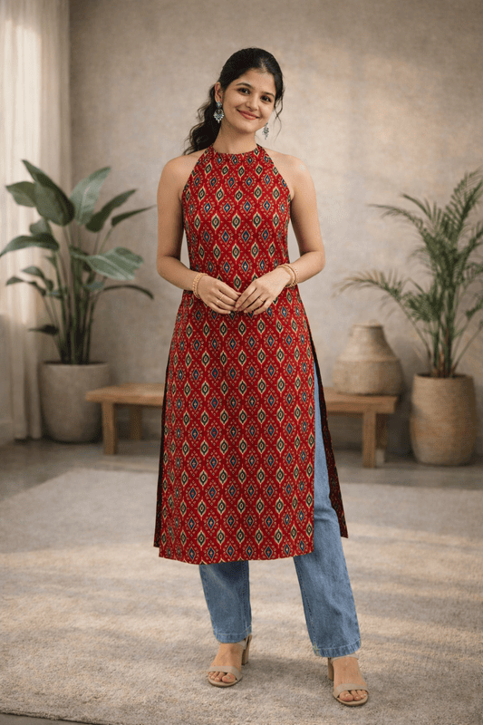 Maroon Ikat Halter Neck kurti